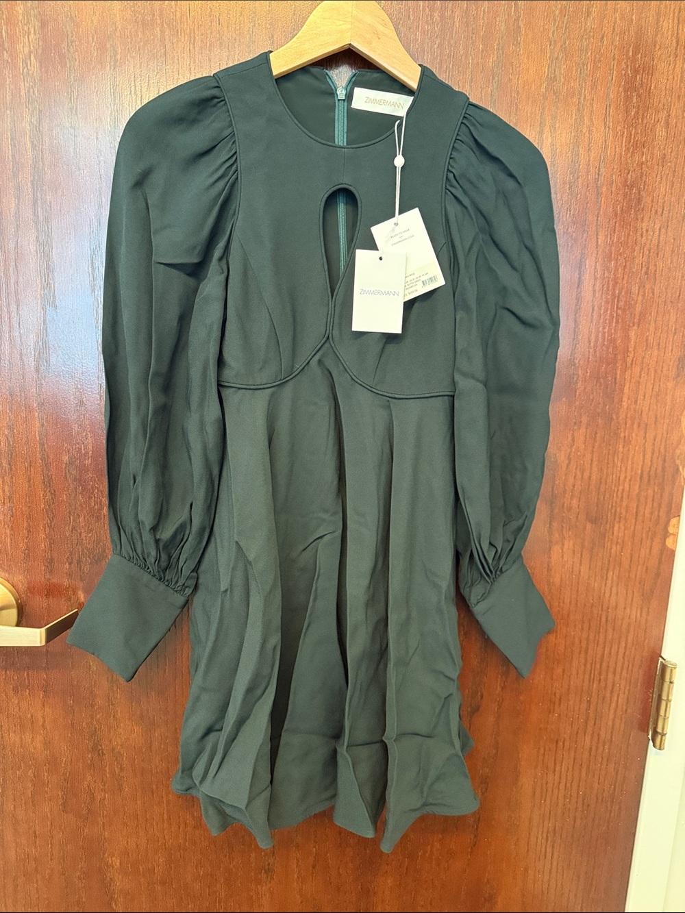 Zimmermann Dark Green Long-Sleeve Puff-Sleeve Mini Dress with Keyhole